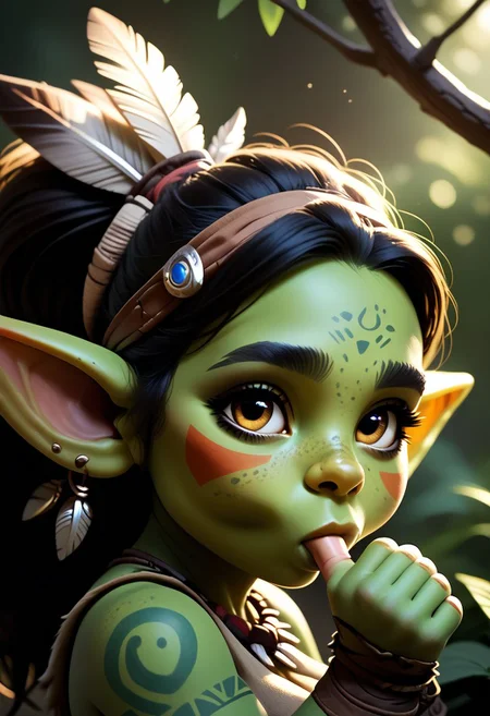 score_9, score_8_up, score_7_up, rating_questionable, <lora:Smooth Anime Style LoRA XL:0.8>, fantasy, cinematic lighting,
1 girl, solo, cute, (short:1.2), small body, (shortstack:1.1), goblin, tribal clothing, hair ornament, jungle, high angle, looking at viewer, tribal body paint, feather neckwear, headband, close-up, head tilt, headshot portrait, side view, (((sucking_own_thumb, sucking thumb))), biting her thumb,