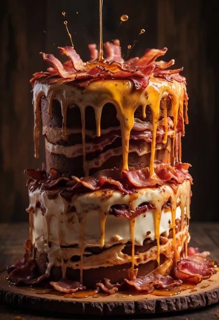 masterpiece, best quality, ultra detailed, ink splats, cake (made out of bacon), maple syrup, delicious, close-up, warm lighting, 8k