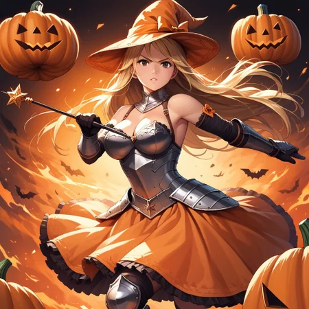 long hair, blonde hair, pumpkin hat,large breasts
Knight,armored dress,elbow gloves,holding wand,pumpkin skirt
fighting stance,dynamic pose
score_9, score_8_up, score_7_up, masterpiece, best quality, source_anime, source_hentai, uncensored, detailed background,