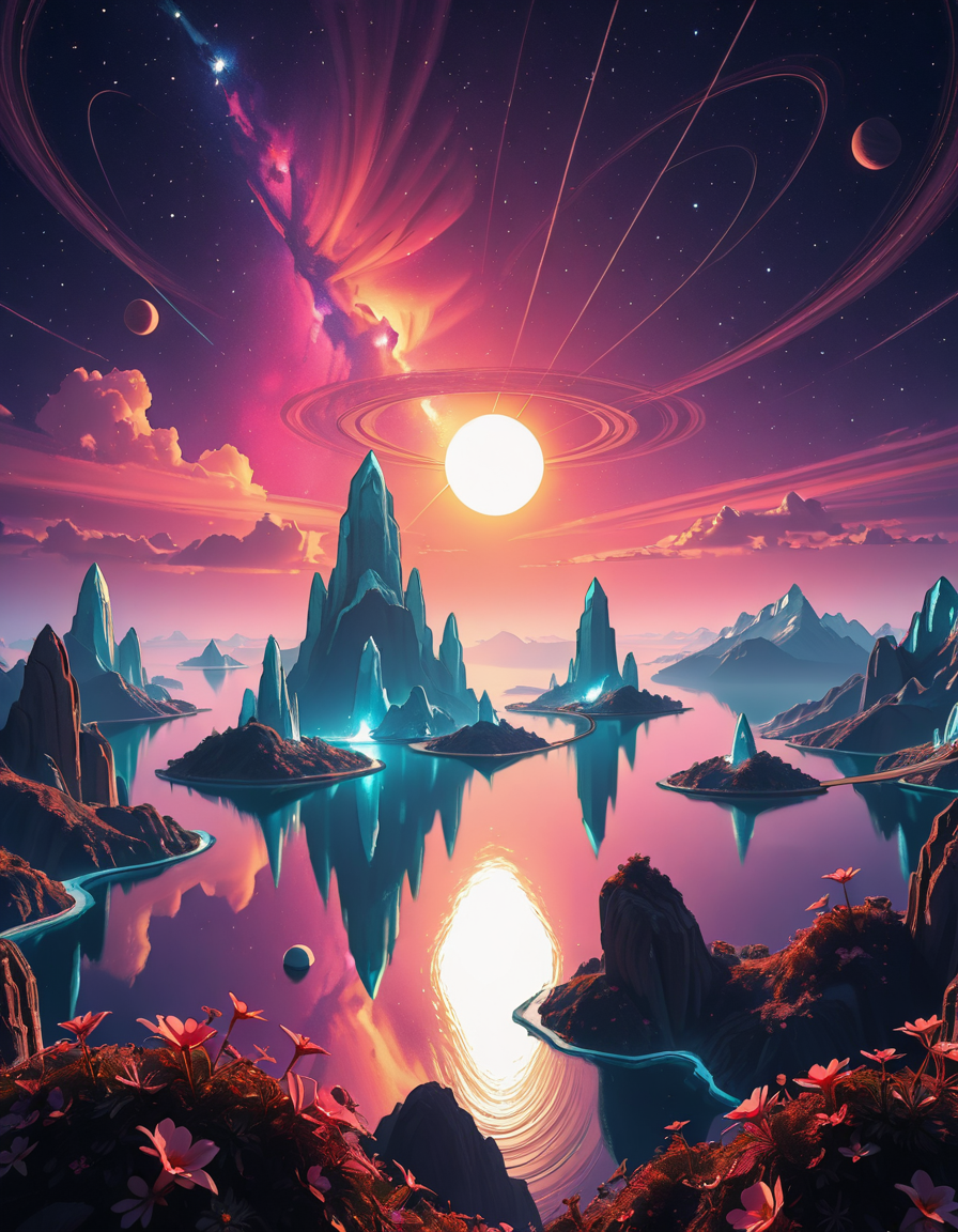 A breathtaking, high-resolution photograph of a celestial paradiseâa stunning, habitable planet floating in the vastness of space. The sky is a mesmerizing blend of deep purples, blues, and pinks, illuminated by twin suns casting golden light over the landscape. Towering crystal mountains shimmer in the distance, reflecting the vibrant hues of the nebula-filled sky. A vast, glowing ocean stretches across the horizon, its surface gently rippling with bioluminescent waves. Floating islands covered in lush, alien vegetation hover above the water, connected by natural bridges of luminescent vines. Exotic, radiant flowers bloom in every color imaginable, while gentle, ethereal creatures with translucent wings glide through the air. In the sky, a massive ringed gas giant looms majestically, its swirling clouds casting soft shadows over the dreamlike terrain. The air shimmers with floating particles of light, creating a surreal, otherworldly ambiance. The entire scene feels like a cosmic utopiaâtranquil, awe-inspiring, and untouched by time.
<lora:SDXLFaeTastic2400:0.4> <lora:extremely_detailed:0.4> extremely detailed,Celestial p4r4d1s3, <lora:Celestial_p4r4d1s3-i:1>, Masterpiece,best quality,hi res,8k,hi res,8k,award winning,(sharp focus, intricate, highly detailed),