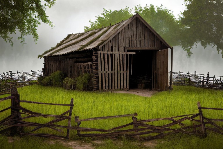 RAW photo, (masterpiece:1.3), subsurface scattering, heavy shadow, (high quality:1.4), (intricate, high detail:1.2), professional photography, HDR, High Dynamic Range, realistic, ultra realistic, photorealistic, high resolution, film photography, ambient lighting, atmospheric effects, <lora:detail_slider_v4:2>, OverallDetail,  cabin, fields, barn, fence, fantfa, <lora:FantasyFarm:1>