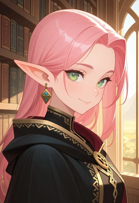 masterpiece, best quality, amazing quality,,<lora:afkArenaIllustrious:1>
afkarenastyle,
1girl, female elf, solo, portrait, female focus, pink hair, green eyes, slim, long hair, hair swept to one side, light skin, smile, looking at viewer, outdoors, beautiful, black cloak with gold trimming, earrings, indoors, arcane library