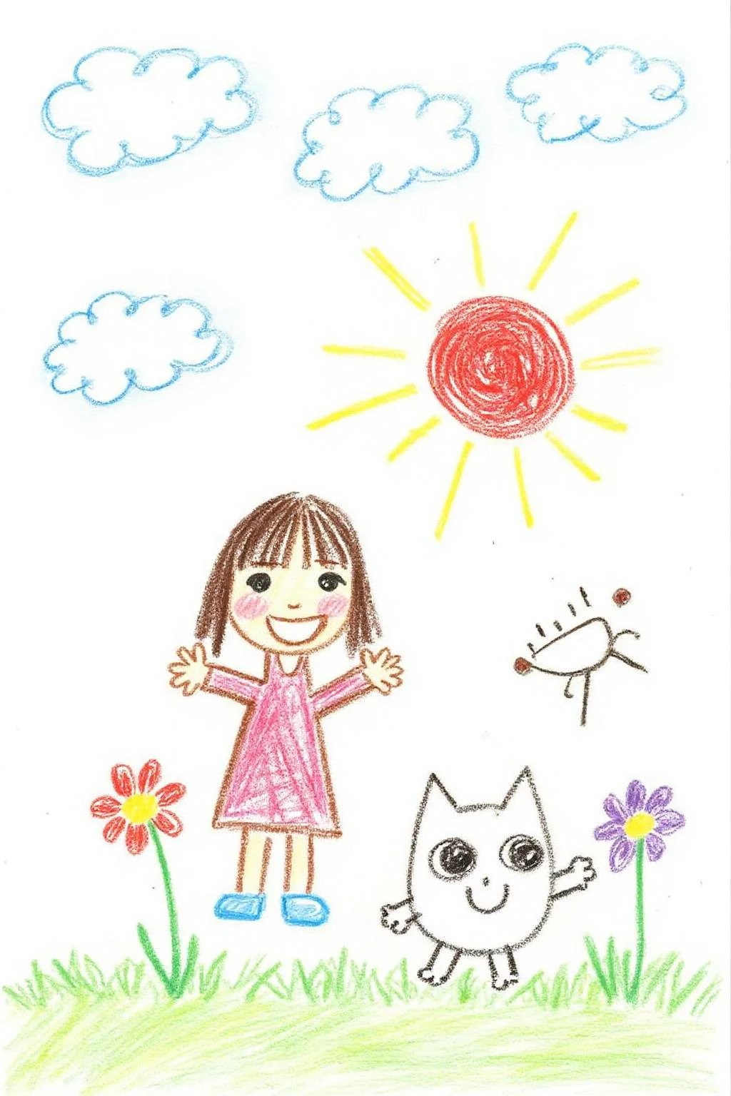 The image is a colorful, whimsical drawing. It depicts a simple, joyful scene of a child and a anthropomorphic cat in a cheerful outdoor setting. On the left side of the image, a young girl with brown hair and bangs is depicted. She has a wide, joyful smile and rosy cheeks, indicating happiness. She is wearing a pink dress and blue shoes, and her arms are outstretched as if she is dancing or waving. There is a anthropomorphic white cat with big black eyes. There are flowers and grass. The background is a blue sky with a red sun and white clouds. <lora:5yocrayon1_cap_d6a3e12:1.0><lora:822104573788336083:0>