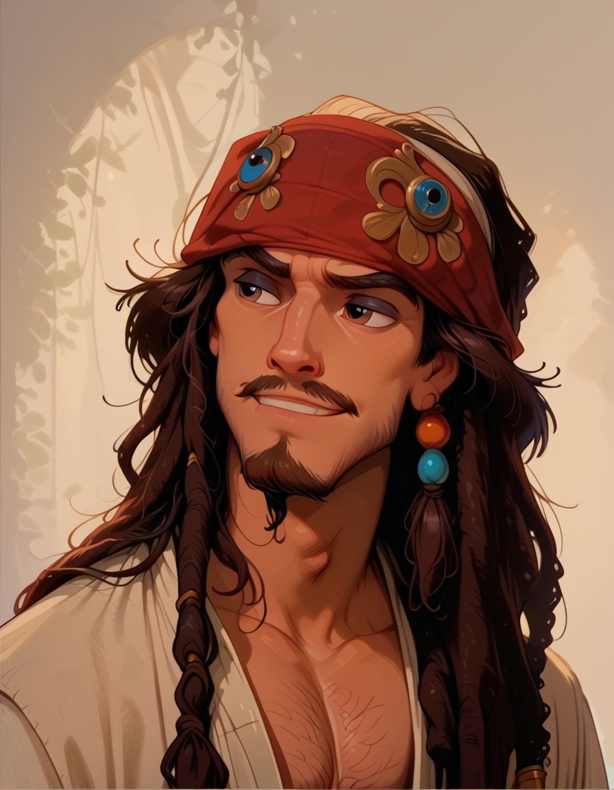 score_9, score_8_up, score_7_up, score_9,score_8_up,score_7_up,score_6_up, zPDXL, DisneyRenStyle,
(white background), ambient lighting, 3/4 view, 
1man, Jack Sparrow, pirate, dreadlocks, brown eyes, thick black eyeliner, twin braided goatee beard, goatee beard, hair beads, red bandana on head, white tunic, 
looking to the side, smug expression, smirk, tall, skinny, slender, 
<lora:Jack Sparrow_epoch_10:0.8> <lora:Disney_Style:.9> <lora:princess_xl_v2:.75> <lora:add-detail-xl:.9> <lora:g0th1cPXL:.3> <lora:Cherry-Gig:.45> <lora:Expressive_H:1> <lora:PLASTT_PonyV6:1>