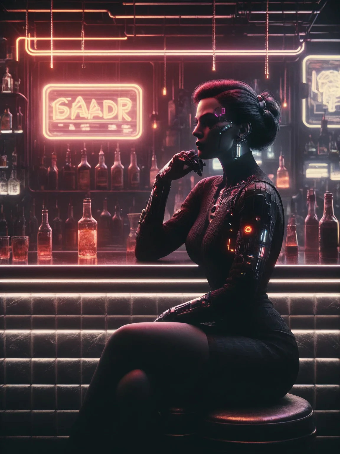 score_9, score_8_up, score_7_up, swoman sitting at the counter of a bar, cyberpunk, noir <lora:Neon_Noir_Pony:0.8>