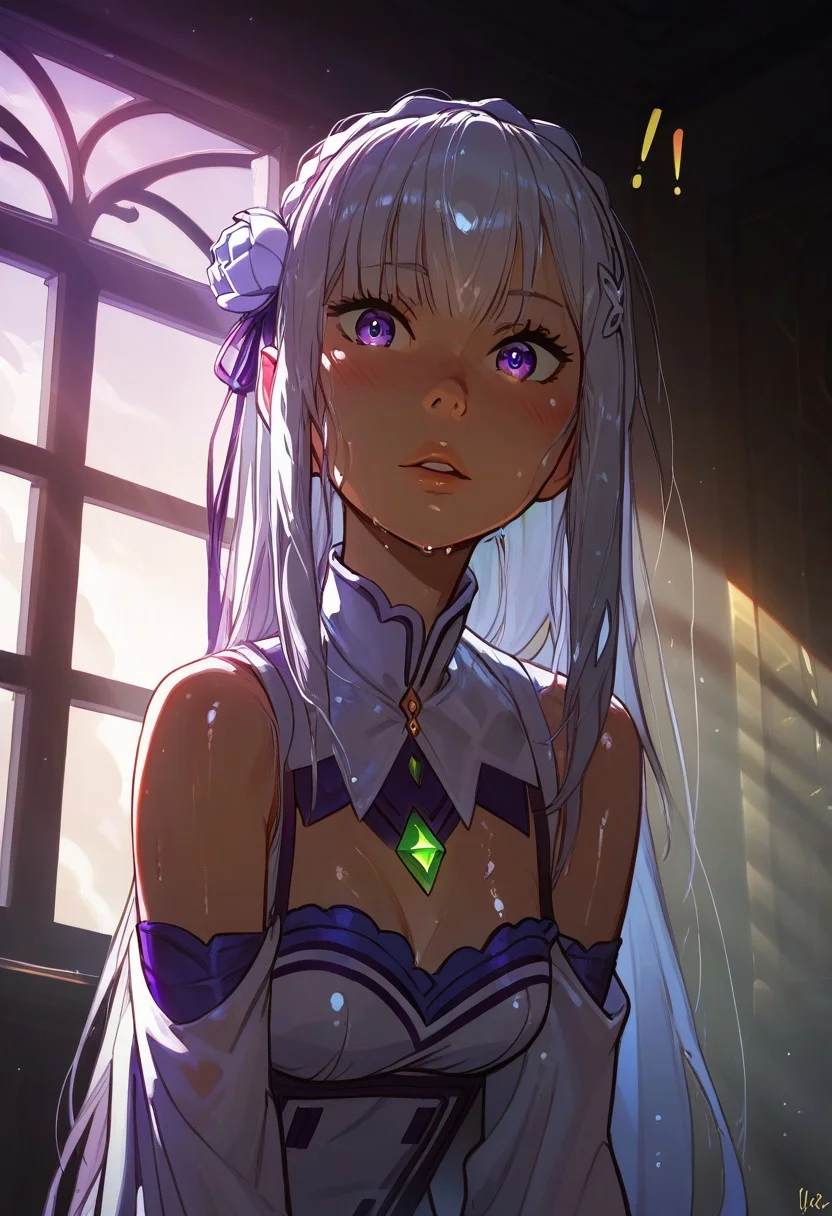score_9, score_8_up, score_7_up, score_6_up,
Expressiveh, g0th1c, glowing, leaning forward,
, girl, solo, small breasts, slim body, wet hair, shiny skin,
close up, room, wet hair, damp skin, shame, blushing, exclamation marks, covering up, looking at viewer, view from below, window, backlight, dramatic lighting, cinematic lighting, god rays, blue ethereal light, detailed background, Emilia,adjusting clothes