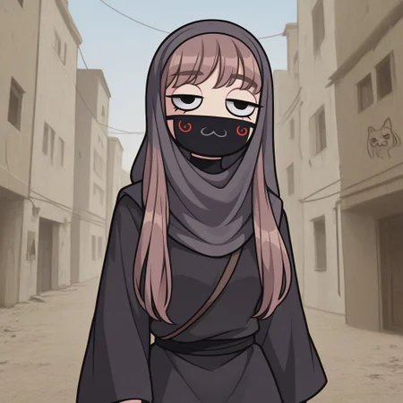 Paula,1girl,Brown hair,mask with :3 symbol, Long hair
Paula wearing a hijab and a long black tunic. A city in Palestine in the background.