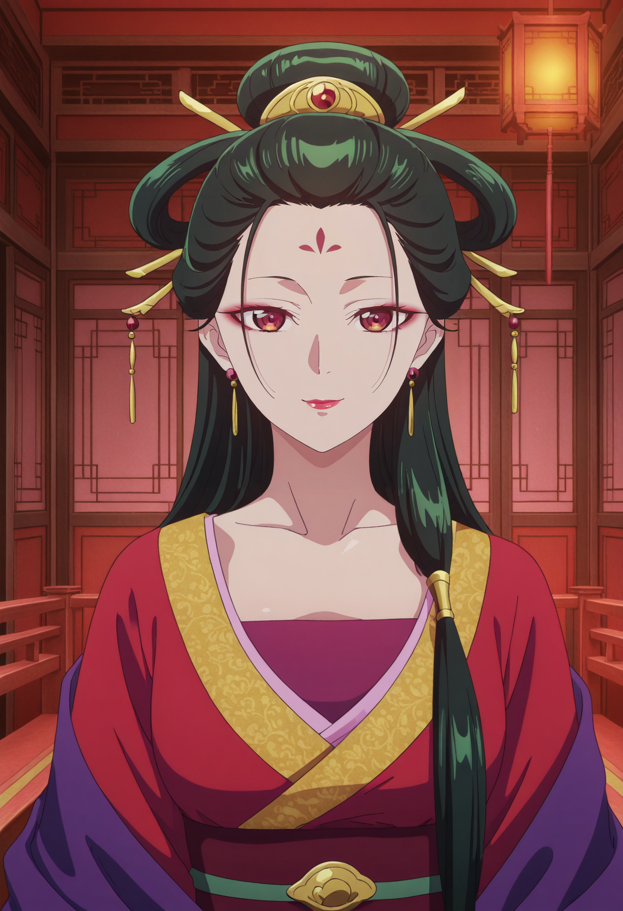 1girl,solo,mm,mature female,green hair,black hair,long hair,hair ornament,makeup,earring,forehead mark,red eyes,anime coloring,
japanese clothes,chinese clothes,kimono,hanfu,upper body, smile,indoors,looking at viewer, 
,masterpiece,best quality,amazing quality,<lora:Fengxian-The_Apothecary_Diaries:0.8>