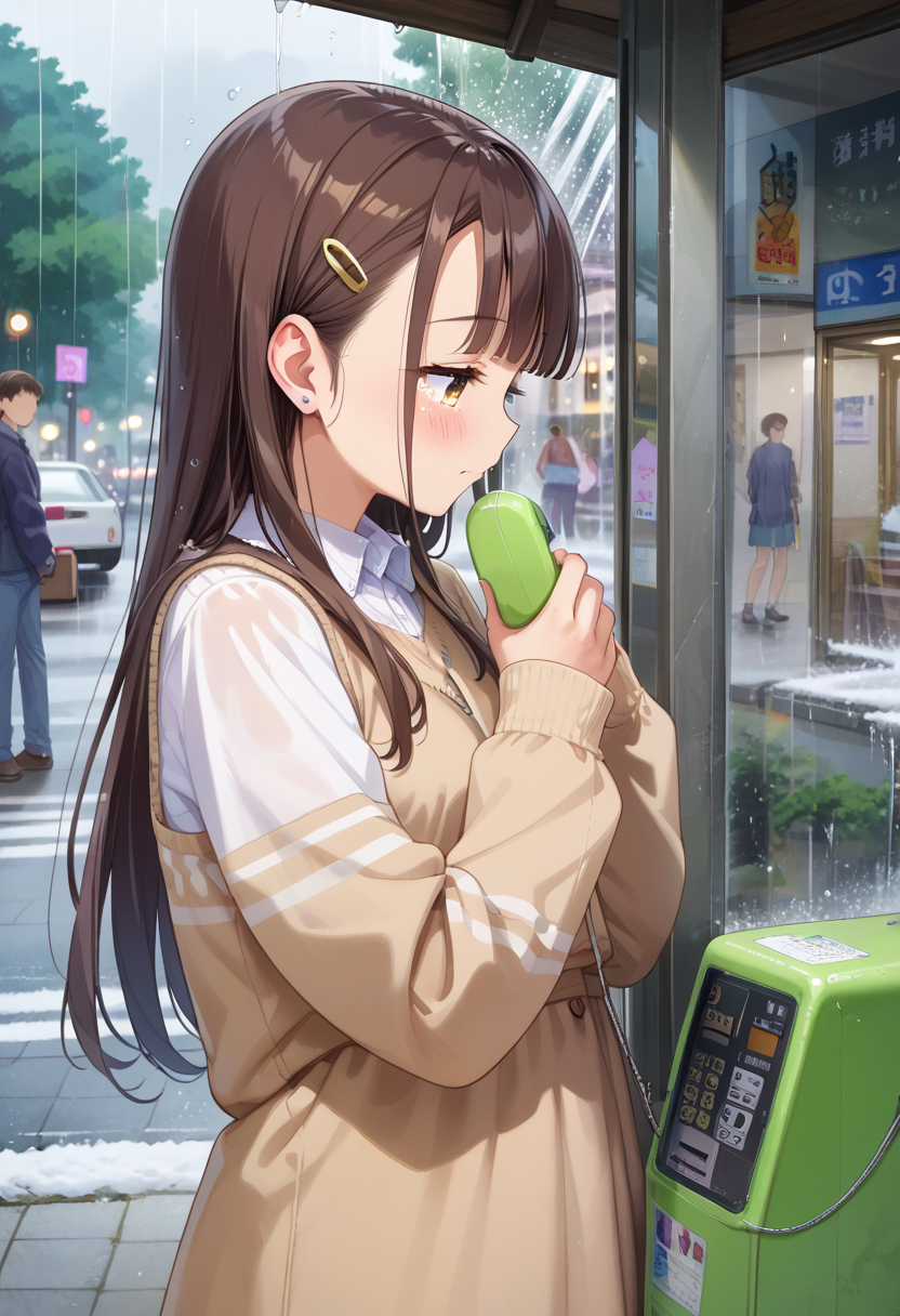 score_9, score_8_up, score_7_up, rating_safe, masterpiece, best quality, absurdres, unity 8k wallpaper, official art, official style, source_anime, uncensored, game cg, megami magazine,
telephone box, 1girl, phone, brown hair, long hair, talking on phone, holding phone, holding, long sleeves, rain, corded phone, profile, tears, upper body
 <lora:DenwaBoxJP_PONY_V1:1>
