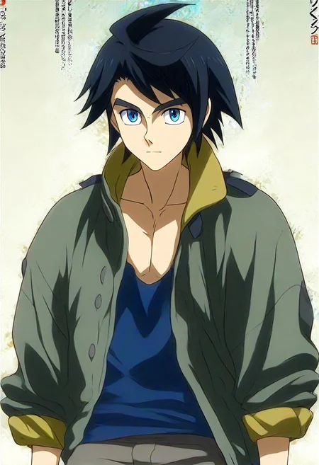 ((masterpiece)), ((best quality)), ((ultra-detailed)), ((absurdres)), score_9_up, score_8_up, score_7_up,
HD, top quality, best quality, amazing quality, High-quality illustrations, anime screencap, source_anime, best aesthetic, perfect proportions, perfect eyes, 1boy, 1male, solo boy, solo male, male focus, solo male focus, Anime, boy, male anime character, anime boy, handsome, cute, charming, sexy, good-looking, Mikazuki Augus, black hair, blue eyes, dark green jacket, baggy jacket, rolled sleeves, blue tank top, gray pants, baggy pants, knee pads, boots, ((lean body, slim body)), ((front view, front shot, facing front, view from the front)), ((full body shot, head to feet shot)), ((standing)), ((desert plains background, dry plains background, rocky place background)), easynegative, updn, Expressiveh, masterpiece, best quality, very aesthetic, absurdres