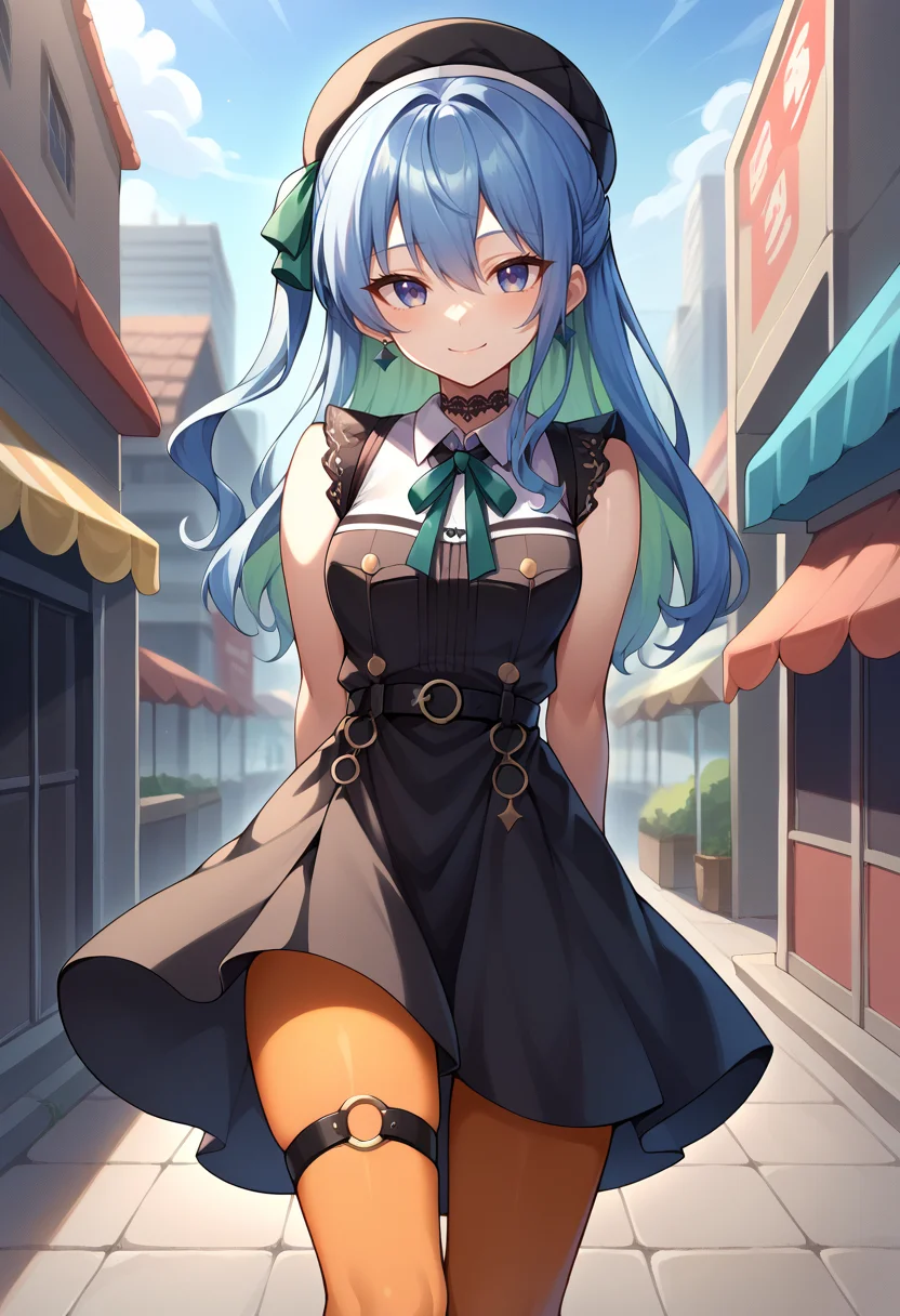 score_9, score_8_up, score_7_up, SuiseiStreet, long hair, half updo, black beret, black dress, collared dress, sleeveless, bow earrings, lace choker, neck ribbon, black belt, orange pantyhose, o-ring thigh strap, single garter strap, arms behind back, outdoors, city scene, smile, <lora:CHAR-HoshimachiSuiseiPonyXL:1>