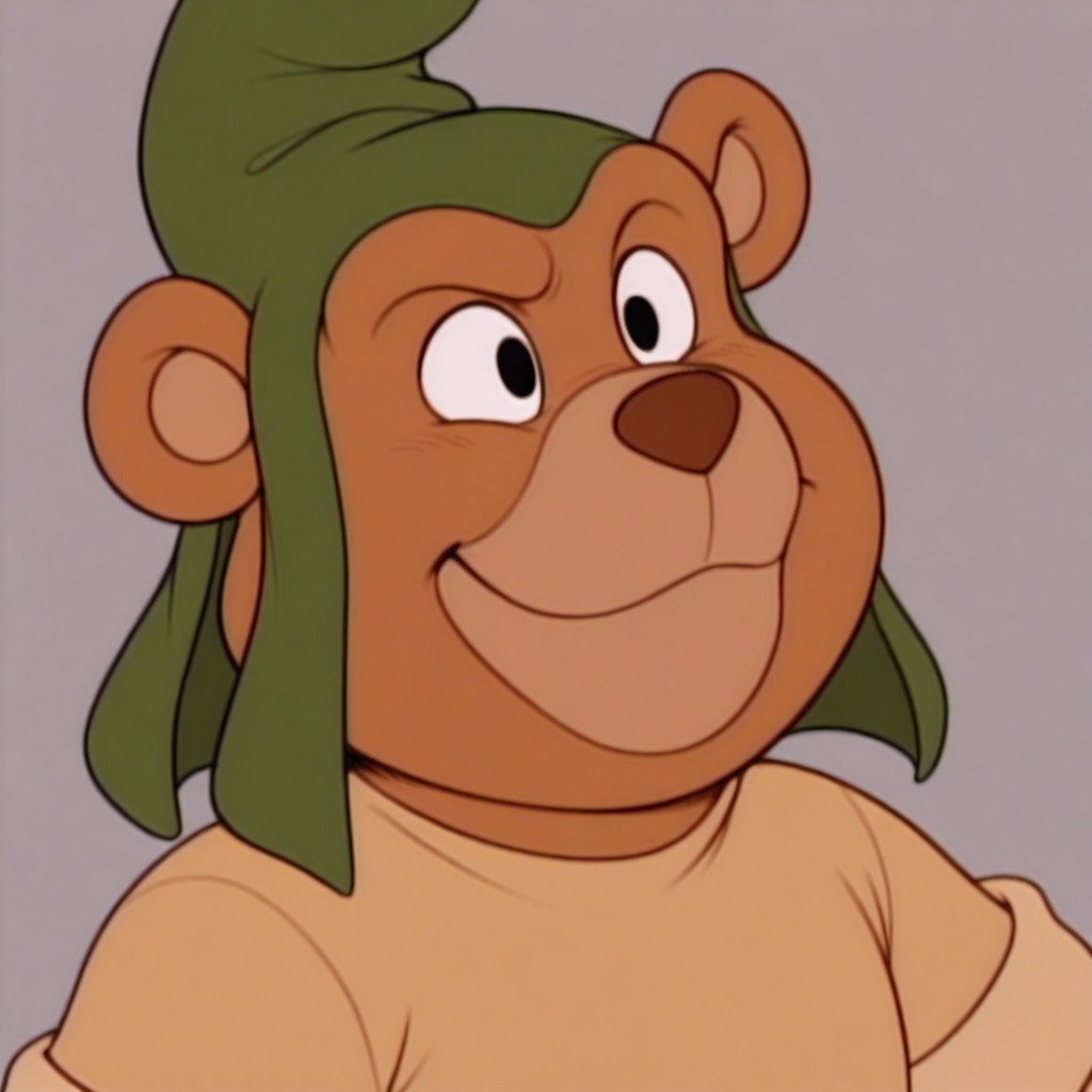 masterpiece, best quality, amazing quality, gruffi, male, furry male, anthro, solo, bear, brown fur, black eyes, tan muzzle, brown nose, paw pads, short, green hat, brown shirt, brown belt, happy, smile, close up, portrait, grey background