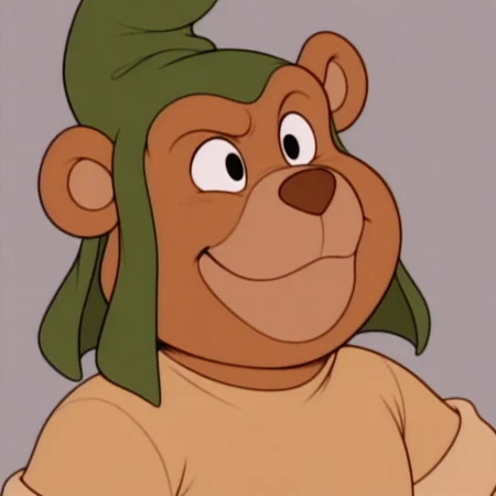 masterpiece, best quality, amazing quality, gruffi, male, furry male, anthro, solo, bear, brown fur, black eyes, tan muzzle, brown nose, paw pads, short, green hat, brown shirt, brown belt, happy, smile, close up, portrait, grey background