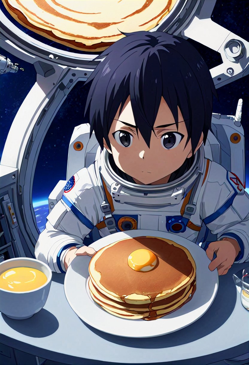 high resolution, solo, best quality, 1Boy, Kazuto Kirigaya, Black Hair, Black Eyes, Astronaut, pancake, breakfast, space station,