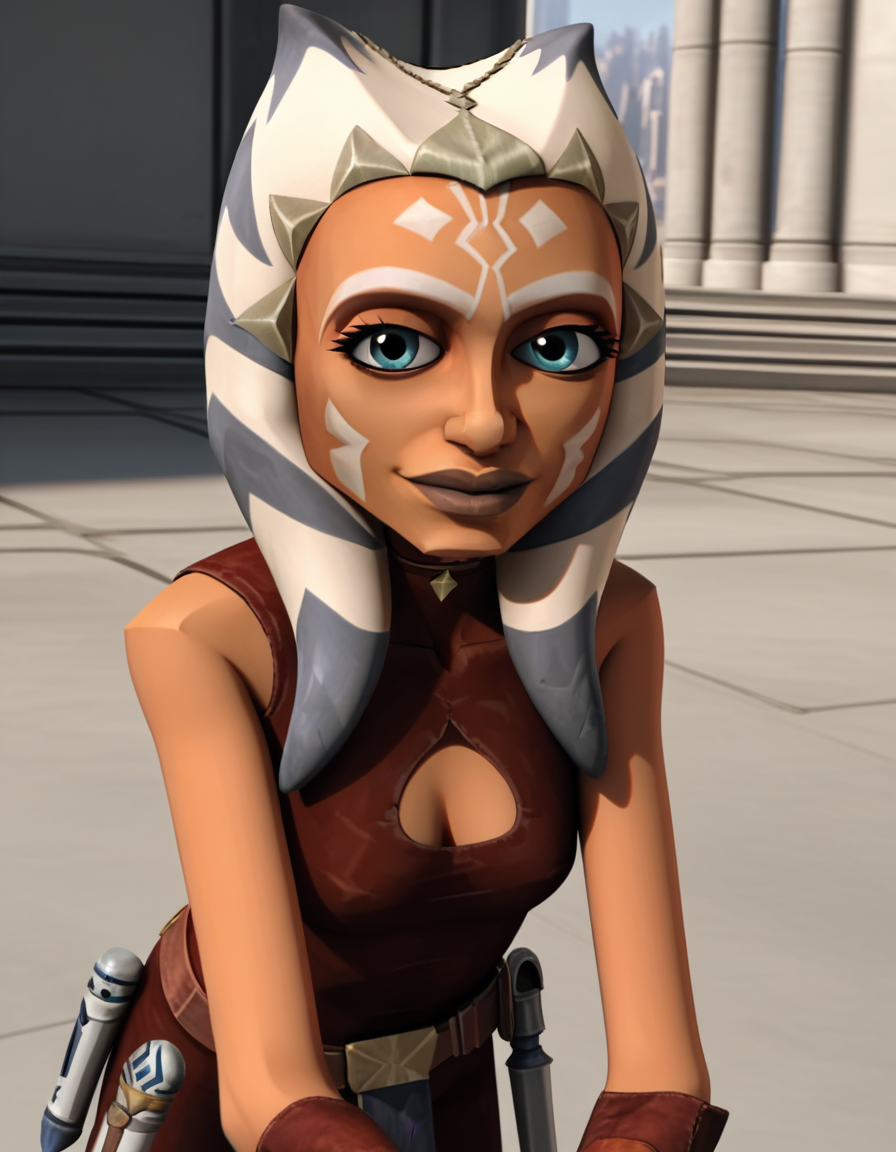 score_9, score_8_up, score_7_up, source_anime, <lora:clonewars-ahsoka-tano-ponyxl-lora-nochekaiser:1>, ahsoka tano, long hair, blue eyes, lips, colored skin, facial mark, tentacle hair, alien, orange skin, 3d, realistic,, gloves, bare shoulders, belt, sword, fingerless gloves, clothing cutout, tattoo, cleavage cutout,, outdoors, bent over, smile, looking at viewer, solo,, cowboy shot, dutch angle