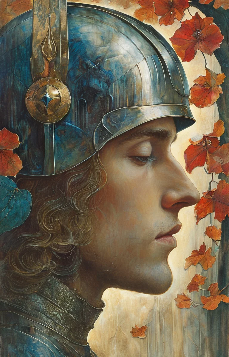 masterpiece,best quality,<lora:tbh140-sdxl:0.7>portrait of knight,illustration,style of Jean Delville,symbolism,colorful,