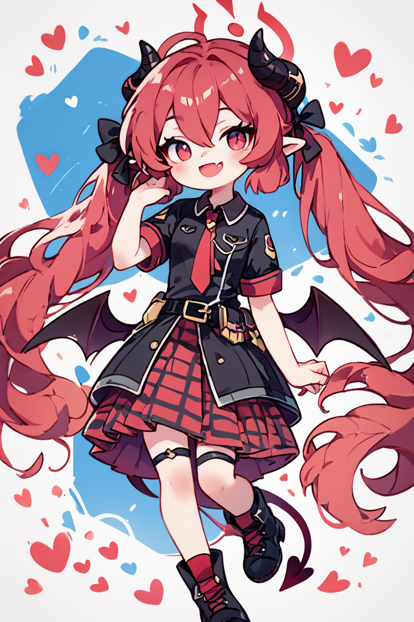 score_9, score_8_up, score_8, medium breasts, (curvy), cute, eyelashes,       BREAK, , ,,, zzJunko, red eyes, red hair,  red halo, horns, long hair, twintails, halo, demon horns, pointy ears, wings, hair between eyes, demon wings, very long hair, black horns, low wings,  ribbon black shirt, pleated skirt, red skirt, short sleeves, plaid skirt, red necktie, thigh strap, belt, fang, black footwear, boots, <lora:Junko_BlueArchive_PDXL:0.8>,   ,,,, BREAK, socks, big shoes, ,,, smile, looking at viewer, cowboy shot, ,,, embedding:zPDXL, Expressiveh, ,,, <lora:CuteToonPDXL:0.8>, <lora:SDXLFaeTastic2400:0.5>, <lora:Expressive_H-000001:0.4>,