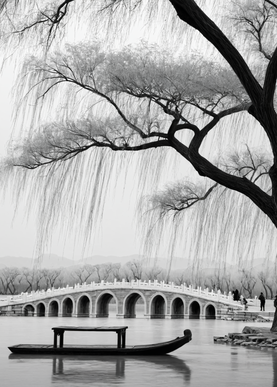 <lora:é¢åå­:1>,The Summer Palace, greyscale, monochrome, bridge, tree, scenery, no humans, water, outdoors, river, bare tree, watercraft, boat, building, pier, bench, architecture, dock, masterpiece, best quality,