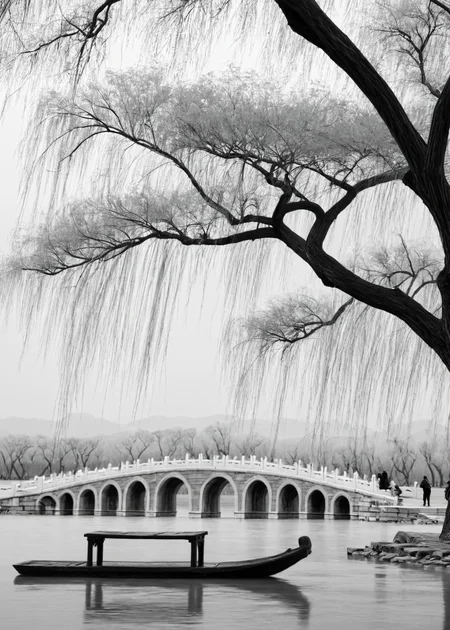 <lora:é¢åå­:1>,The Summer Palace, greyscale, monochrome, bridge, tree, scenery, no humans, water, outdoors, river, bare tree, watercraft, boat, building, pier, bench, architecture, dock, masterpiece, best quality,