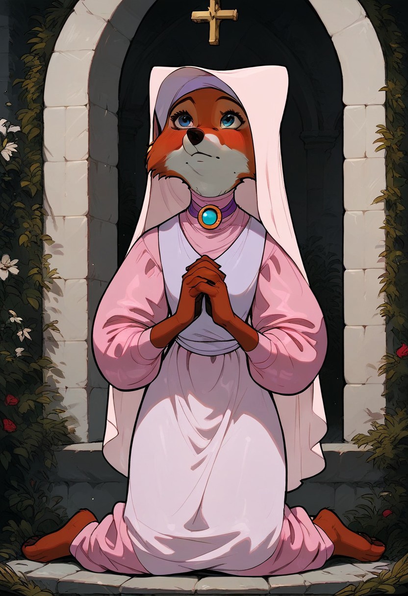 score_9, score_8_up, score_7_up, score_6_up, 1 anthro fox girl, Maid Marian, sexy face, cute face, blue eyes, hazel eyes shy , nose blush, medium boobs, chest up, grey fur, bald, fullbody, looking up to heavnes, (medieval church background:1,2), front view, full body view, on knees, praying,