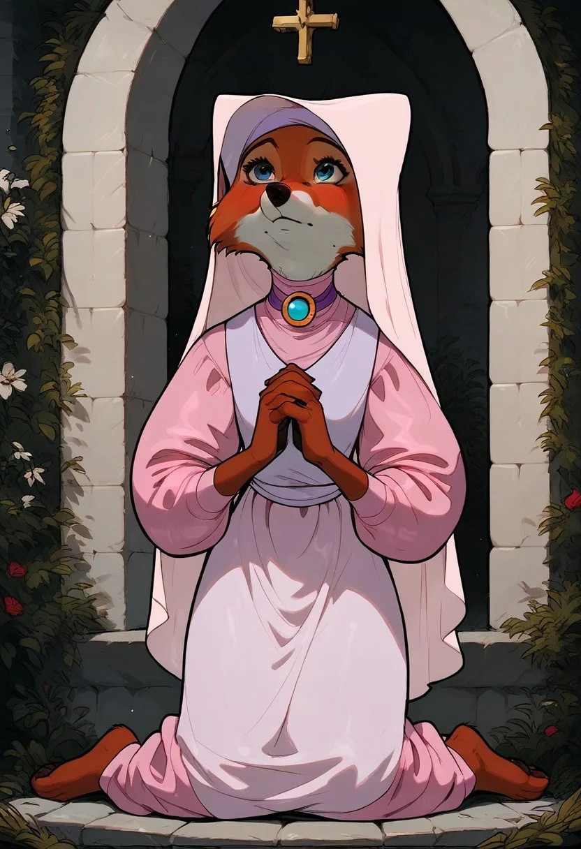 score_9, score_8_up, score_7_up, score_6_up, 1 anthro fox girl, Maid Marian, sexy face, cute face, blue eyes, hazel eyes shy , nose blush, medium boobs, chest up, grey fur, bald, fullbody, looking up to heavnes, (medieval church background:1,2), front view, full body view, on knees, praying,