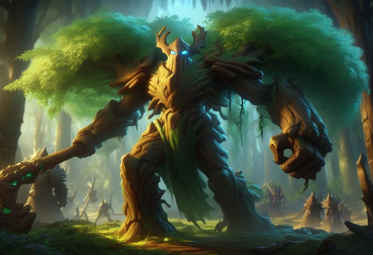 (((beautiful, high quality))), score_9, score_8_up, score_7_up, Ent, living tree, wood texture, colored bark, colored foliage, 1boy, noseless, mouthless, green foliage, dark bark, blue eyes, trunk legs, root feet, powerful body, strong and imposing, muscular arms, broad shoulders, holding battleaxe, stomping, fantasy background, blurred background