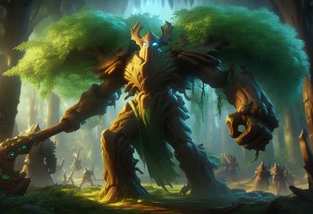 (((beautiful, high quality))), score_9, score_8_up, score_7_up, Ent, living tree, wood texture, colored bark, colored foliage, 1boy, noseless, mouthless, green foliage, dark bark, blue eyes, trunk legs, root feet, powerful body, strong and imposing, muscular arms, broad shoulders, holding battleaxe, stomping, fantasy background, blurred background