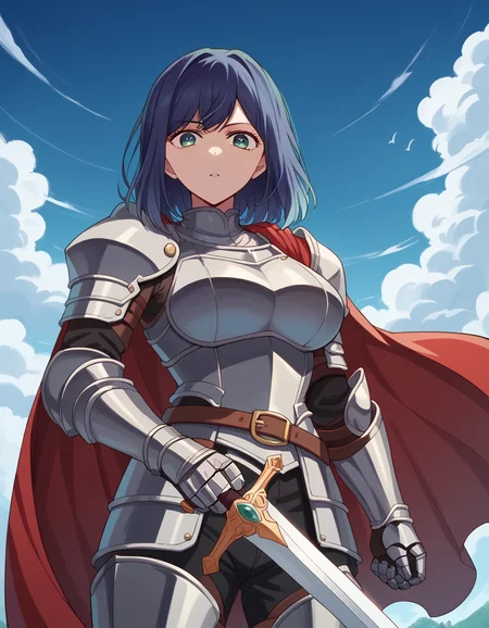 score_9, score_8_up, score_7_up, source_anime, <lora:akane-kurokawa-s1-ponyxl-lora-nochekaiser:1>, akane kurokawa, bangs, green eyes, blue hair, medium hair, dark blue hair, large breasts, <lora:knight-ponyxl-lora-nochekaiser:1>, knight, armor, cape, sword, weapon, holding weapon, shoulder armor, gauntlets, helmet, pauldrons, red cape,, blue sky, clouds, from below, parted lips, looking at viewer