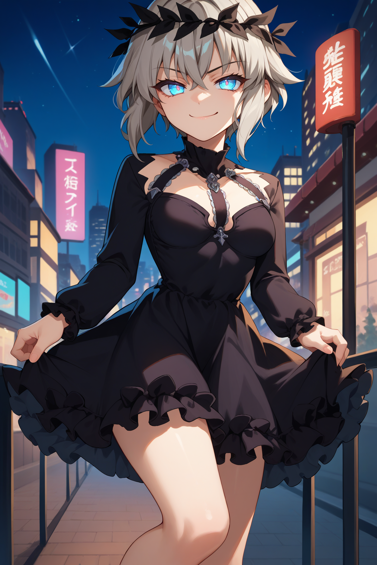 score_9, score_8_up, score_7_up, score_6_up, source_anime, 1girl, solo,  <lora:amisuel-pdxl-nvwls-v1-000005:1> rncAm, grey hair, short hair, blue eyes, head wreath, choker, halter straps, black dress, frilled skirt, long sleeves, medium breasts, looking at you, smug, night, city, thighs, smile, looking at you