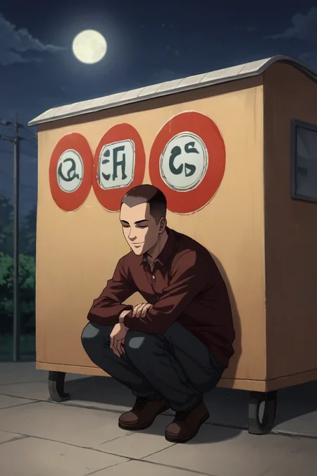 zPDXL, score_9, score_8_up, score_7_up, rating_safe, , , depth of field, 1boy, male focus, grey eyes, dark red hair, buzz cut,, solo, straight-on, full body, bus stop, night, full moon, squatting, (closed eyes:1.2), smile, <lora:death_note_style_pony:0.86>, death_note_style, , <lora:sdxl_lightning_8step_lora:1>