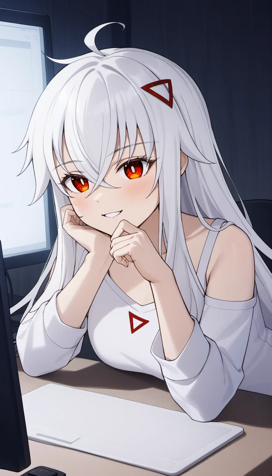 1girl, chiyo, chrono ark, red eyes, white hair, long hair, hair accessory, bright pupils,
white shirt, hand on table, computer, monitor, seductive smile, leaning, hand on own chin,
masterpiece, best quality, very aesthetic, newest, cinematic lighting, highres, absurdres, incredibly absurdres <lora:CulturedDiffusion_Chiyo_Chrono_Ark_AniXLV31:0.6>