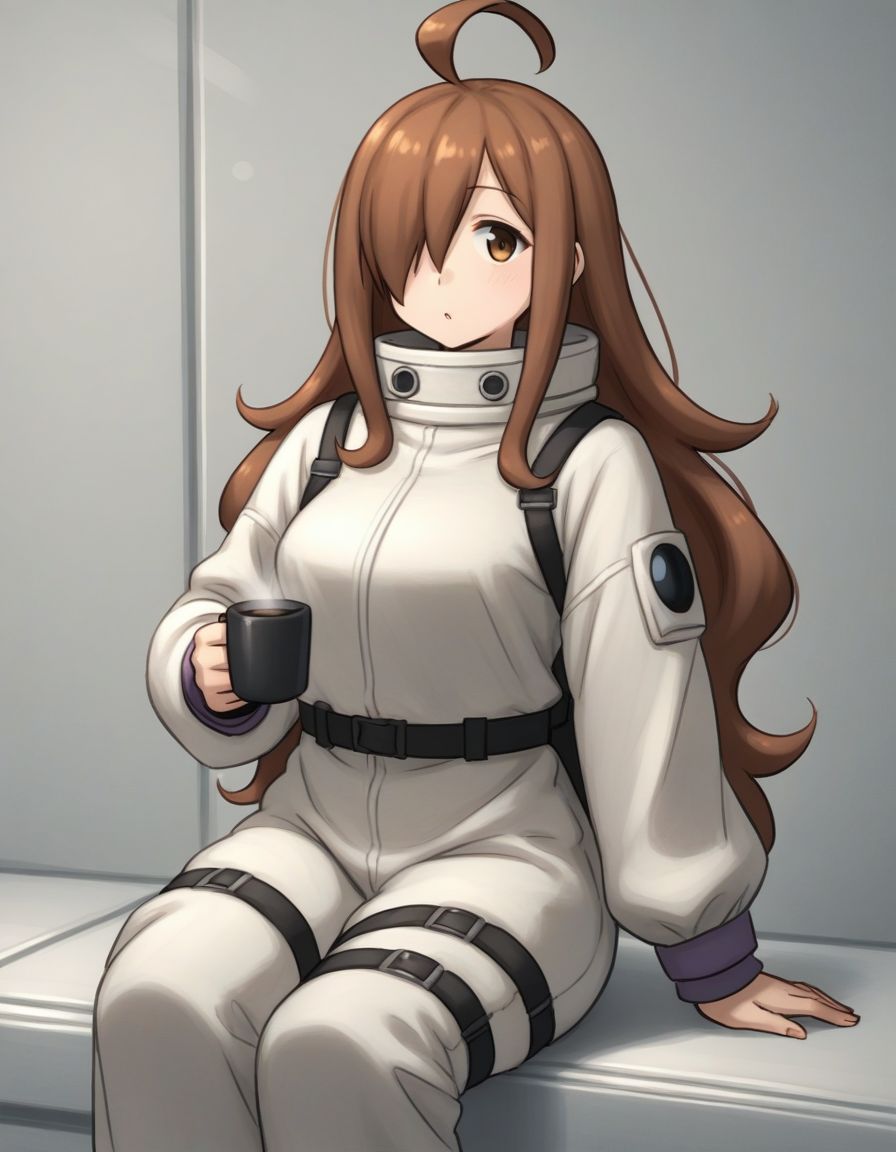 rating_safe, score_9,score_8_up,score_7_up, BREAK by aaaa \(quad-a\),   1girl, solo, having coffee, sitting, looking at viewer, wiz \(konosuba\),  brown hair, huge ahoge, hair over one eye, astronaut outfit,  oversized clothes,  straps,