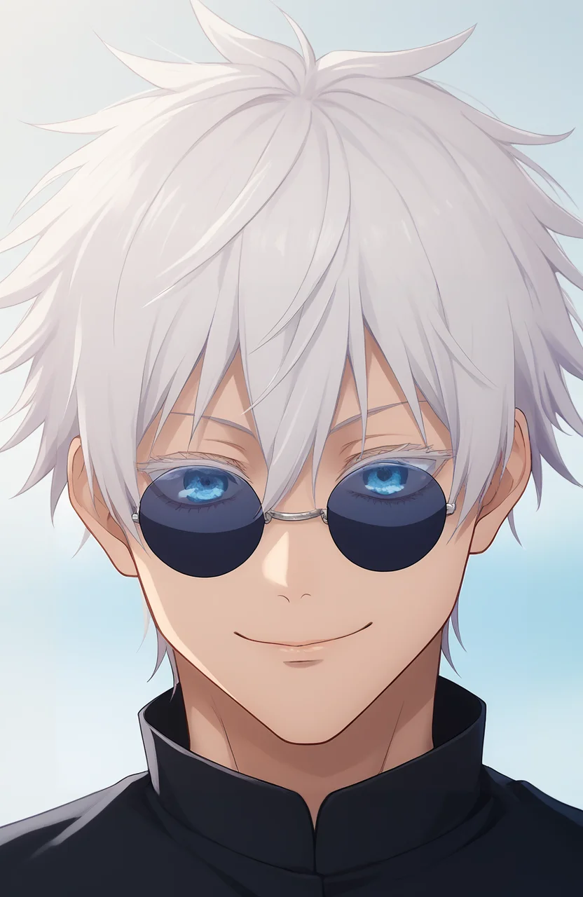score_9, score_8_up, score_7_up, score_6_up, BREAK, source_anime, rating_explicit, masterpiece, best quality, detailed background
<lora:Gojou_Satoru_JUJUTSUKAISEN_Culty:0.8> short hair, 1boy, white hair, gojou satoru, blue eyes, colored eyelashes, hair between eyes, black jacket, round sunglasses,upper body, smile, closed mouth, dutch angle,