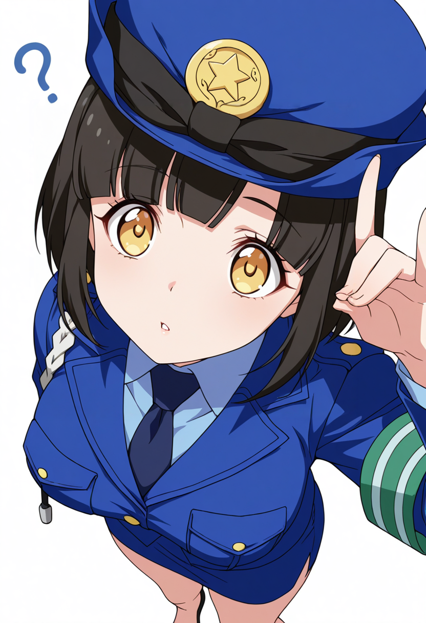 Smooth Quality,masterpiece,very intricate, high quality details, ultra realistic, high detailed skin,detailed enviorement,absurdres,
fox shadow puppet,
 <lora:Tachibana_Mei_CNR:0.8> mei_cnr,  black hair, short hair, bob cut, blunt bangs, yellow eyes, large breasts,mei_cnr_def, 1girl,police uniform, blue jacket, shirt, collared shirt, pencil skirt, blue necktie, armband, police hat, breast pocket,black footwear,, confused,, simple background, white background, from above,solo,