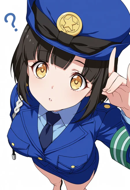 Smooth Quality,masterpiece,very intricate, high quality details, ultra realistic, high detailed skin,detailed enviorement,absurdres,
fox shadow puppet,
<lora:Tachibana_Mei_CNR:0.8> mei_cnr, black hair, short hair, bob cut, blunt bangs, yellow eyes, large breasts,mei_cnr_def, 1girl,police uniform, blue jacket, shirt, collared shirt, pencil skirt, blue necktie, armband, police hat, breast pocket,black footwear,, confused,, simple background, white background, from above,solo,