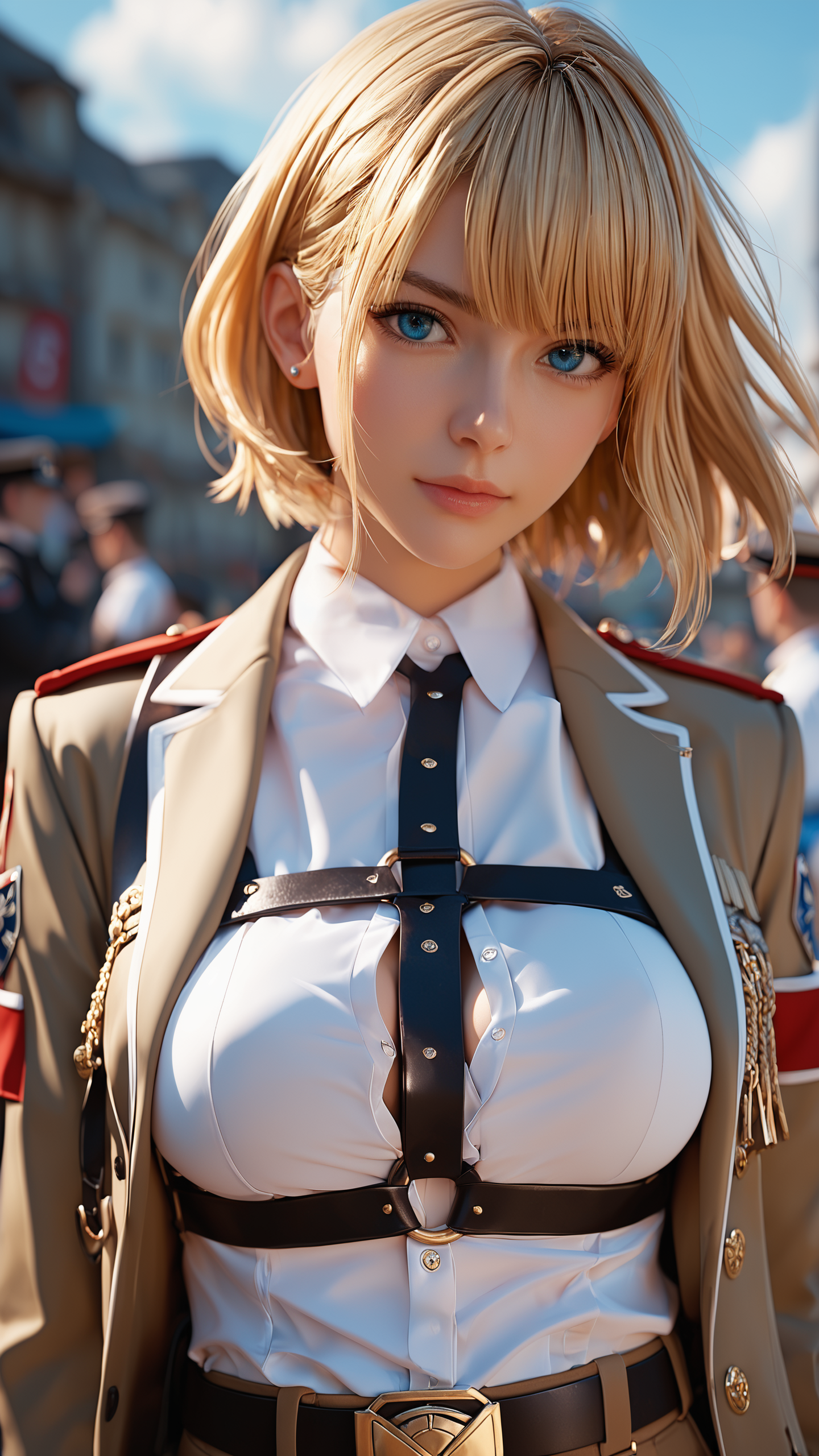 score_9, score_8_up, score_7_up, i want the whole image to be created in 3D anime style, 1girl, solo, breasts, looking at viewer, short hair, bangs, blue eyes, blonde hair, shirt, long sleeves, closed mouth, jacket, white shirt, upper body, outdoors, collared shirt, belt, blurry, uniform, blurry background, emblem, harness, paradis military uniform, chest harness