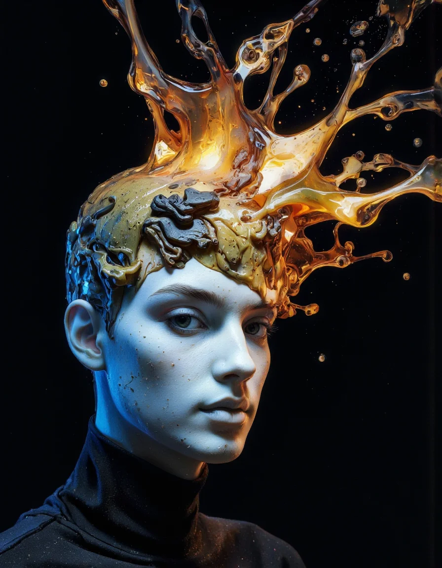 Delirium style. Artistic VFX Particle Systems flowing, surreal, head, organic shapes, with details, eye detailing, deep gaze, limited colors are deep blue, white, black, warm atmosphere. <lora:Bonafida.Studio:1>