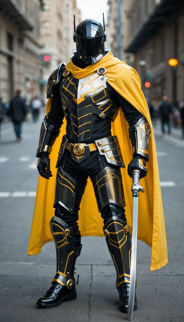 score_9_up, score_8_up, score_7_up, Raw Photo, The Death Mechanical Warrior wears a yellow cape, graphite black armor combines white and yellow materials, smooth and streamlined body, wields a super giant black and gold scythe, the surrounding ghosts are in the shadows, looming, depth of field, dynamic angle, photo realistic:1.4, realistic skin:1.4, fashion photography, sharp, analog film grain, hyperdetailed:1.15