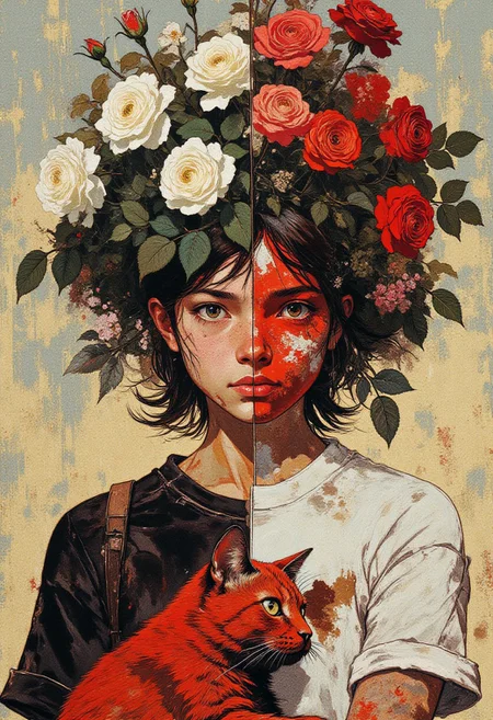masterpiece, newest, absurdres, incredibly absurdres, best quality, amazing quality, very aesthetic, aidmainkstyle, abstract oil painting, rough, textural, broad brush strokes, portrait shot, front view, 1girl, solo, symmetry, symmetrical composition, flowers instead of hair from a head, split-color flowers, white roses, red roses, split-color clothes, white t-shirt, red t-shirt, split-color 1cat, red fur, white fur, holding cat, golden eyes, flash light background, gradient background