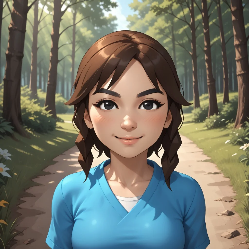 score_9, score_8, BREAK, solo, mii, wii u, wii sports club, female mii, 1girl, cute, brown hair, black eyebrows, black eyes, small nose, white skin, smile, blush, cyan clothing, white pants, shoes, breasts, Marit_(\Wii_Sports_Club\), Nintendo Mii, modern_mii, classic_mii, sexy pose, self portrait, smile, outdoors, sunlight, shadows, evening lighting, natural lighting, forest, trees, grass, orange sky, sunset
