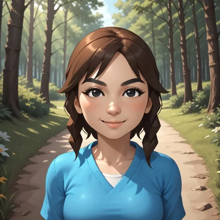 score_9, score_8, BREAK, solo, mii, wii u, wii sports club, female mii, 1girl, cute, brown hair, black eyebrows, black eyes, small nose, white skin, smile, blush, cyan clothing, white pants, shoes, breasts, Marit_(\Wii_Sports_Club\), Nintendo Mii, modern_mii, classic_mii, sexy pose, self portrait, smile, outdoors, sunlight, shadows, evening lighting, natural lighting, forest, trees, grass, orange sky, sunset