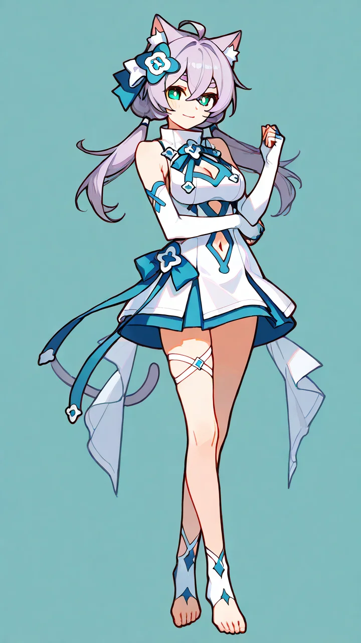 score_9, score_8_up, score_7_up, source_anime, wallpaper, BREAK
(1girl:1.2), solo, <lora:FesSaltIllustTest0.0.1 EA 4LR16EP:1>, salt\(maimai\), thick eyebrows, ahoge, hair between eyes, light smile, determined, aged up, low twintails, white clothes, center opening,
simple background, from side, looking at viewer, armpit peek, (cleavage cutout:1.3), navel cutout, navel, clenched hands, (cross-laced arm straps:1.2), stomach cutout, stomach, skindentation, feet, (no shoes:1.2), (hand up, arm across waist,:1.1), crossed legs, standing,
cat ears, animal ear fluff, green eyes, bright pupils, grey purple hair, hair ornament, hair ribbon, medium breasts, high collar, aqua stirrup toeless footwear,(white cross-laced ankle straps:1.3), (white cross-laced leg ribbon:1.3), (footwear ornament:1.1), aqua fingerless elbow gloves, lower buns,
masterpiece, best quality, thin thighs,(full body:1.2), illustration,
<lora:delicate:1>, <lora:HandFixer_pdxl_Incrs_v1:0.6>,