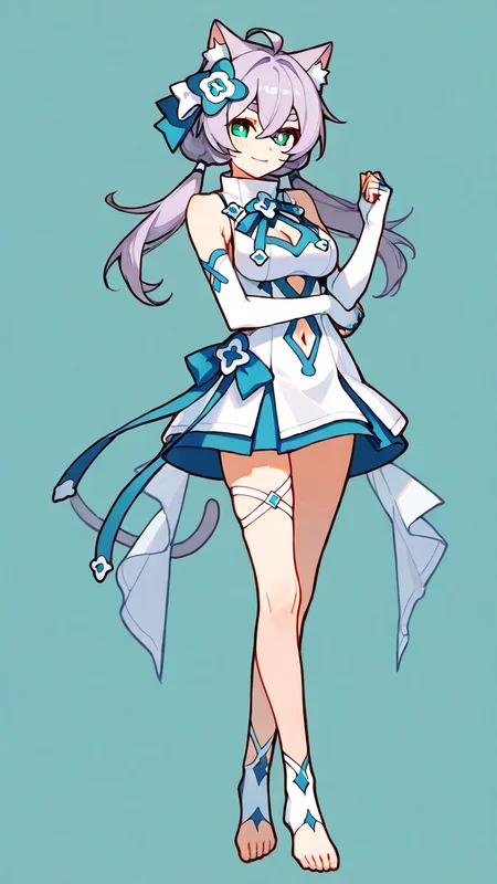 score_9, score_8_up, score_7_up, source_anime, wallpaper, BREAK
(1girl:1.2), solo, <lora:FesSaltIllustTest0.0.1 EA 4LR16EP:1>, salt\(maimai\), thick eyebrows, ahoge, hair between eyes, light smile, determined, aged up, low twintails, white clothes, center opening,
simple background, from side, looking at viewer, armpit peek, (cleavage cutout:1.3), navel cutout, navel, clenched hands, (cross-laced arm straps:1.2), stomach cutout, stomach, skindentation, feet, (no shoes:1.2), (hand up, arm across waist,:1.1), crossed legs, standing,
cat ears, animal ear fluff, green eyes, bright pupils, grey purple hair, hair ornament, hair ribbon, medium breasts, high collar, aqua stirrup toeless footwear,(white cross-laced ankle straps:1.3), (white cross-laced leg ribbon:1.3), (footwear ornament:1.1), aqua fingerless elbow gloves, lower buns,
masterpiece, best quality, thin thighs,(full body:1.2), illustration,
<lora:delicate:1>, <lora:HandFixer_pdxl_Incrs_v1:0.6>,