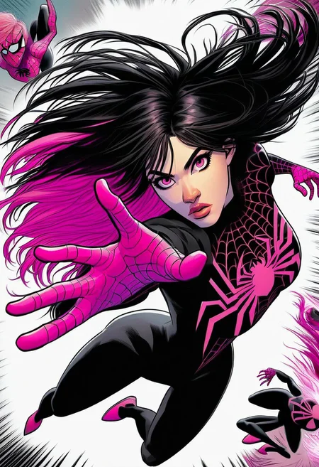 /Spider_Ayane/, pink lipstick, long black hair, pink hair highlights, medium breasts, portrait, black bodysuit with pink spider print, looking at viewer, pouty lips, pink eyes, dynamic pose, leaping into the air, web swinging, spiderman pose, full body shot