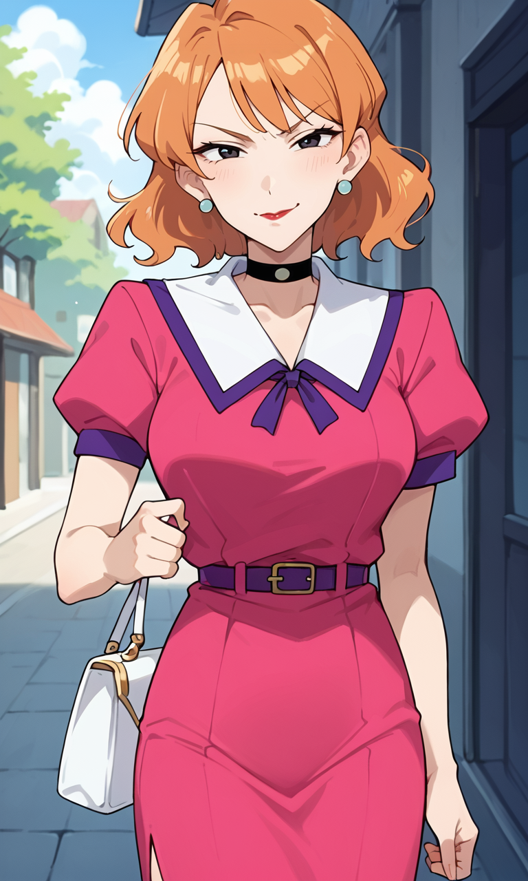 (1girl:1.5), (solo:1.3), (score_9, score_8_up, score_7_up, score_6_up, score_5_up, score_4_up), (source_anime), rating_questionable,
 <lora:matsuzaka-take_v1:0.8> (matsuzaka-take), (frown:1.3), (black eyes, eyelashes, orange hair, medium hair, bangs, earrings, red lips), (pink dress, collared dress, white collar, purple trim collar, puffy short sleeves, purple belt, black choker, white handbag), (large breasts),
outdoors, (smirk:1.3),
full body,