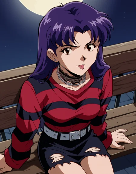 score_9, score_8_up, score_7_up, source_anime, <lora:misato-katsuragi-classic-ponyxl-lora-nochekaiser:1>, misato katsuragi, long hair, brown eyes, purple hair, parted bangs, medium breasts, <lora:emo-fashion-ponyxl-lora-nochekaiser:1>, emo fashion, torn sweater, two-tone sweater, sweater under shirt, striped sweater, lace-trimmed choker, belt chain, red sweater, black sweater, goth fashion, street, night, moon, sitting, bench, from above, tongue out, cowboy shot, looking at viewer