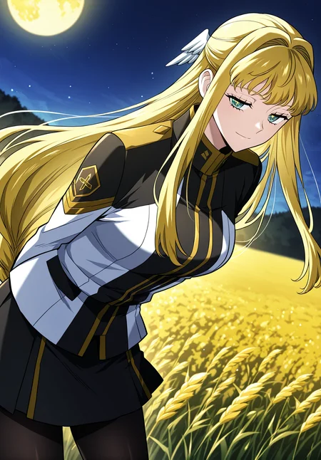 <lora:Dolores_Quovadis__Revenge_of_the_Iron-Blooded_Sword_Hound__Illustrious:1>
1 girl, solo, long hair straight hair, blonde hair, thick braid, long braid, straight fringe, wing hair ornament, green eyes,
Dolores_Quovadis_uniform, academy uniform, black and white uniform, gold trim, high collar, long sleeves, black skirt, black tights, shoulder emblem,
score_9, score_8_up, score_7_up, very aesthetic, source_anime, detailed, high quality, beautiful, masterpiece, detailed eyes, field, blurry background, pose dynamic angle, upper body, cowboy shot, light smile, floating hair, half-closed eyes, hands behind back, leaning forward, looking forward, looking at viewer, night, yellow moon,