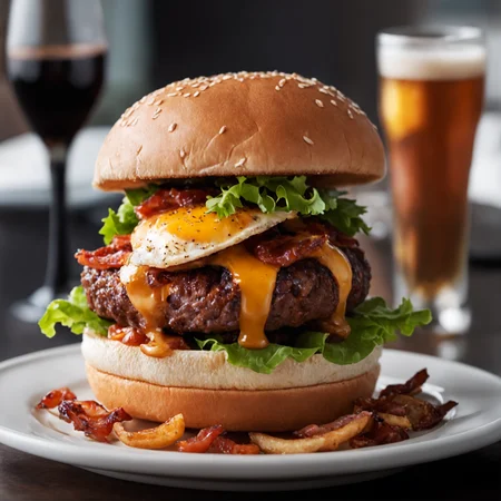 A magazine photograph of an incredible hamburger made by Chef Gordan Ramsey, still hot from the grill with lightly-melted cheese & juicy glistening bacon & toasted sesame bun & thick juicy burger & fresh tomato slices & glistening lettuce & caramelized onions with a side of seasoned glistening hot golden-browned fries & a fancy milkshake in a tall glass, trending & awarded photo by the acclaimed photographer, bokeh, f1.8, cinematic lighting, centered composition