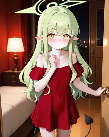 Positive: Masterpiece, best quality, amazing quality, very aesthetic, high resolution, ultra-detailed, absurdres,
1girl,solo，
hikari-default,hikari_\(blue archive\),yellow eyes,green hair,long hair,earring,pointy ears,halo,tail,
red off-shoulder flared-sleeve dress,
red off-shoulder dress,bare shoulders,lowleg_skirt,
collarbone,
red short dress,
standing, 
living_room,Dim lighting,quiet ambience, 