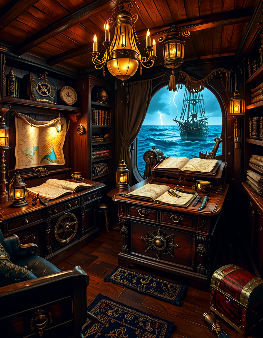 <lora:Captain_c4b1n:1>,Captain c4b1n
A richly detailed pirate captain's cabin aboard an 18th-century wooden ship. The room is dimly lit by flickering candlelight and a hanging oil lantern, casting warm golden glows on the dark oak walls. An ornate wooden desk sits at the center, covered with ancient, weathered maps, a golden compass, and scattered quills with ink bottles. A large, curved window at the back reveals the vast ocean under a moody, cloudy sky, with faint moonlight seeping in.
To the right, a massive wooden bookshelf filled with leather-bound books, nautical charts, and mysterious artifacts, some covered in dust. On the left, a polished mahogany chest with intricate carvings, partially open, revealing gold coins and shimmering gemstones. A grand captain's chair, upholstered in deep red velvet, sits behind the desk, exuding authority and power.
The wooden floor is rugged and slightly uneven, adorned with an old tattered rug. A cutlass and a flintlock pistol rest casually on the desk, while a pirate hat with a large feather hangs on the wall beside a mounted shipâs wheel. The atmosphere is both eerie and majestic, evoking the spirit of adventure and the mysteries of the sea.
<lora:SDXLFaeTastic2400:0.4> <lora:extremely_detailed:0.4> extremely detailed, Masterpiece,best quality,hi res,8k,hi res,8k,award winning,(sharp focus, intricate, highly detailed),